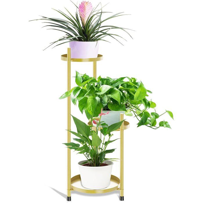 Porte plante intérieur et extérieur 3 niveaux métal - étagère à fleurs sans vis plateau rond support pour balcon jardin maison