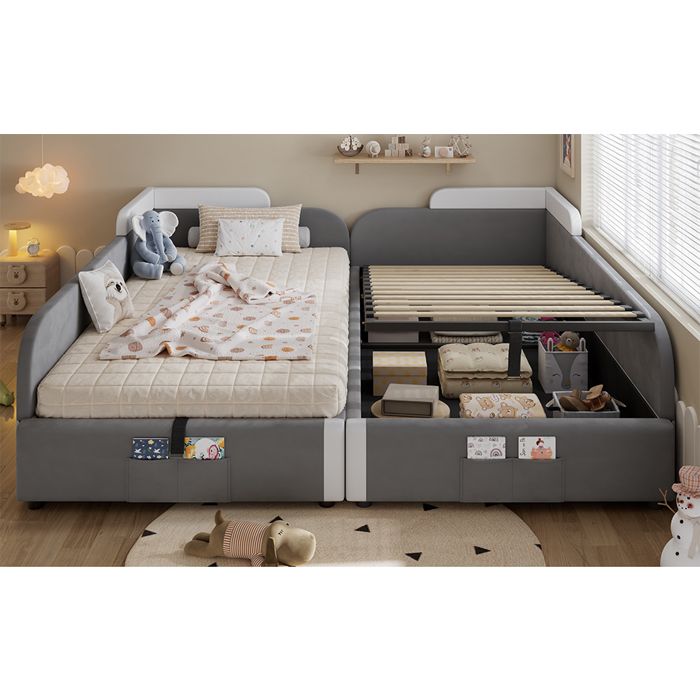 Lit rembourré enfants - Hydraulique - Espace de rangement - Poche au pied - Velours blanc/gris