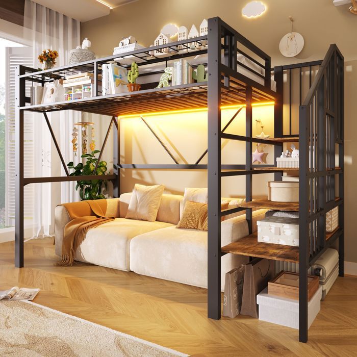 Lit mezzanine 90x200cm noir escalier étagères LED ajustable rangement sous-lit sans matelas design moderne