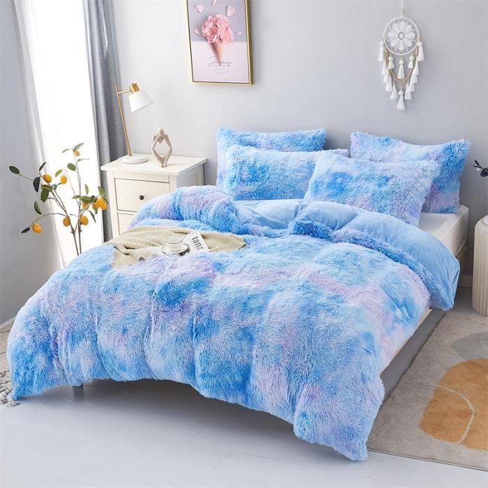 Parure de lit en flanelle moelleuse de 220 x 240 cm Shaggy et peluche - 1 Housse de couette 1drap et 2 taie doreiller R