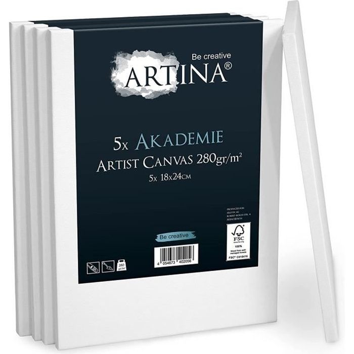 Artina châssis entoilé certifié FSC - Akademie - set de 5 18x24cm - toiles à peindre blanches 100% coton - 280g/m²