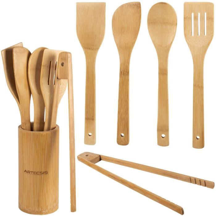 set de 5 ustensiles de cuisine en bambou + pot artecsis / cuillères, spatules, pince de cuisine