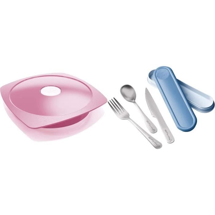 Ensemble Tupperware : Grande Assiette En Verre Avec Couvercle à Pression Et Couverts Verts