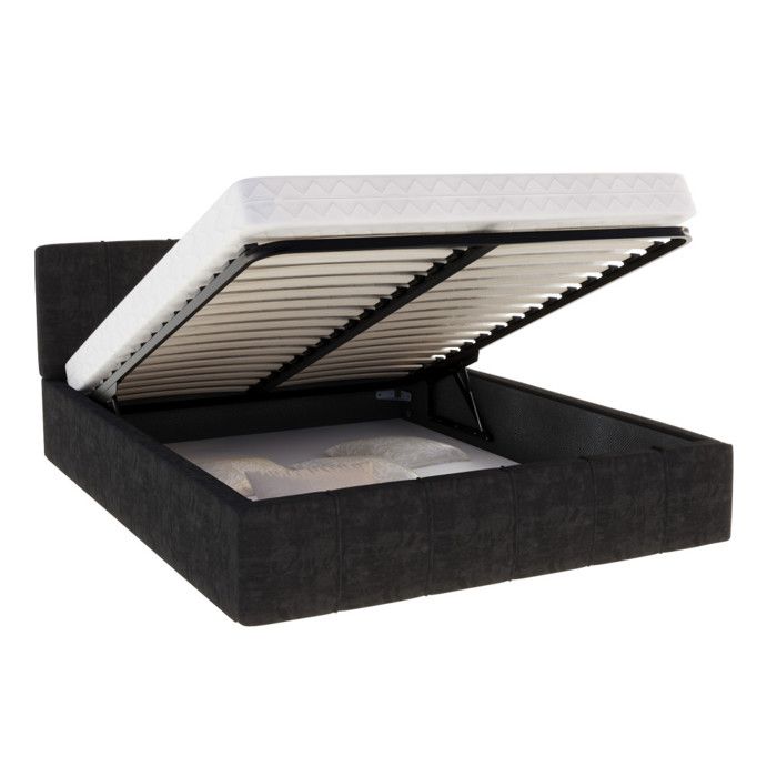 Lit coffre 160x200 cm en velours Noir avec sommier relevable et coffre de rangement - ATLANTA