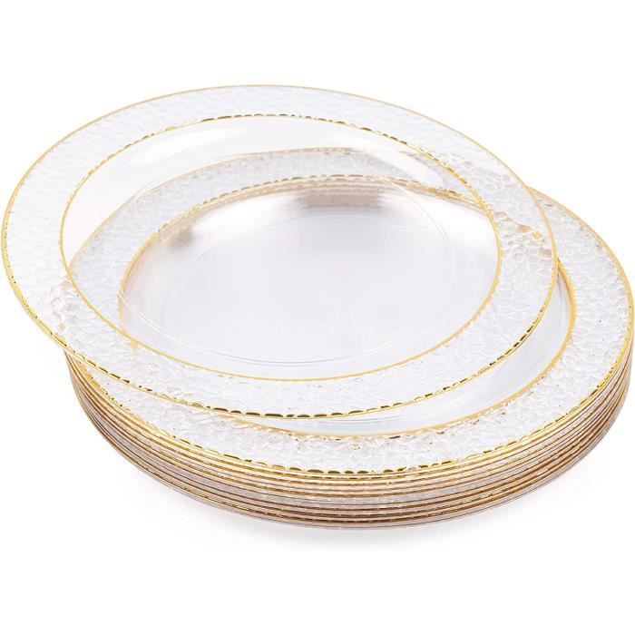20 Élégantes Assiettes en Plastique Transparent avec Bordure Dorée pour