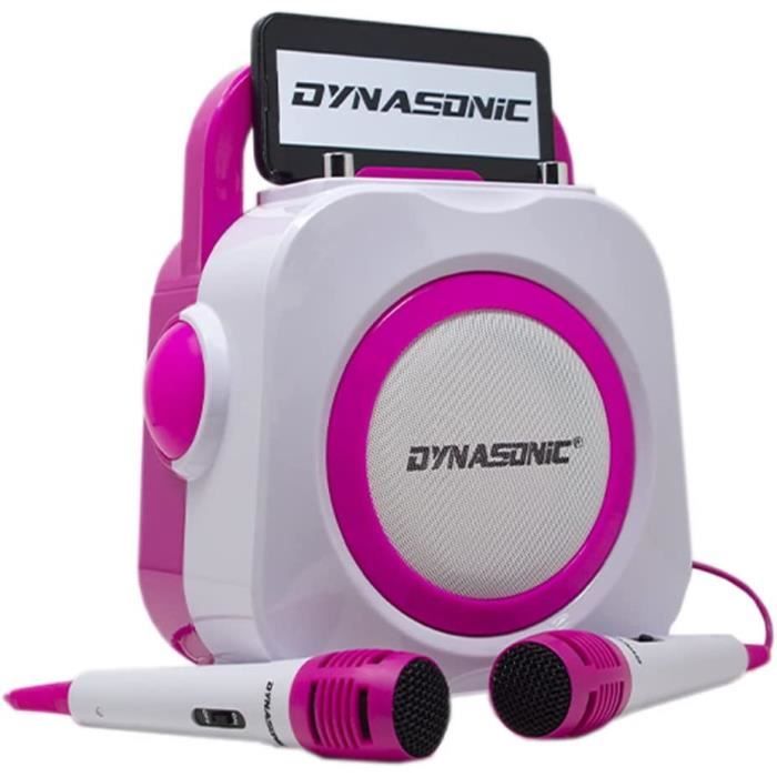 Enceinte Karaoké DYNASONIC Avec 2 Micros - Bluetooth, LED, USB - Portable Rechargeable - Rose