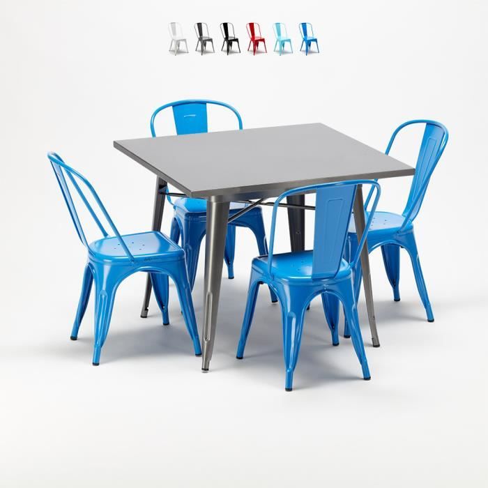 Ensemble de Table carrée et chaises en métal au style industriel Tolix Flushing, Couleur: Bleu