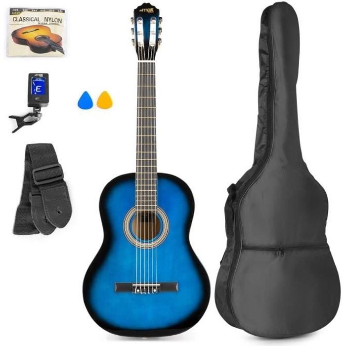 MAX SoloArt - Guitare classique adulte débutant - Bleu, cordes en nylon, tuner digital, sac de transport, médiators