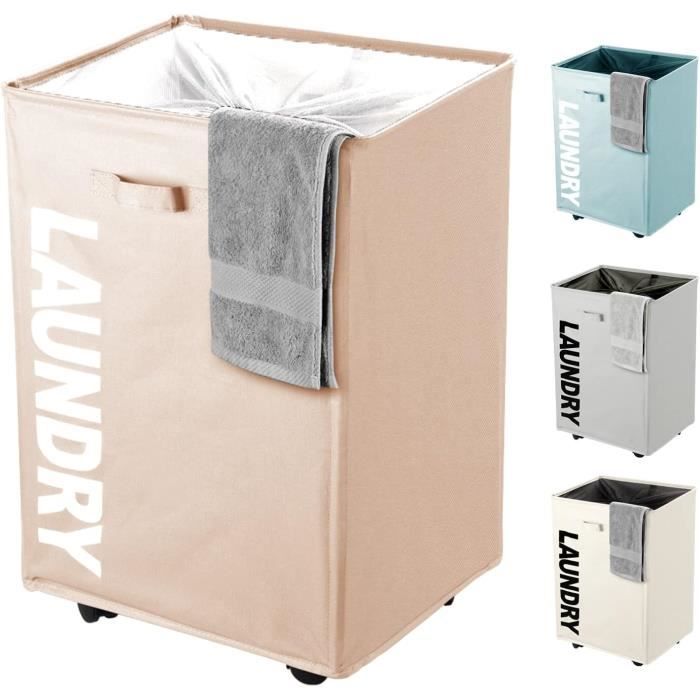 Panier à Linge Avec Couvercle Et Roulettes - 100 L - Pliable, Avec Sac En Filet Amovible - Poignées En Bambou - Couleur Crème Gris