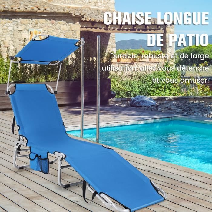 costway chaise longue pliante inclinable à 5 positions avec auvent rotatif à 360°, pour camping terrasse, charge max 150 kg, bleu