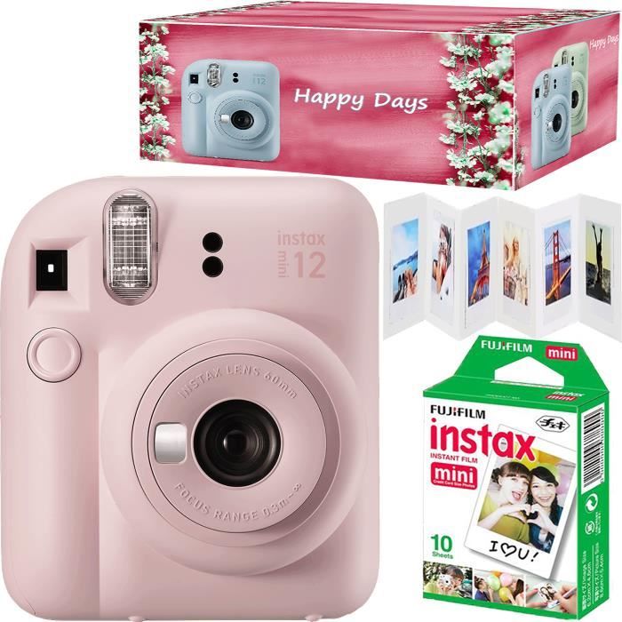 Fujifilm Instax Mini 12, Ensemble appareil photo instantané , couleur fleur rose, avec 10 films, cadre accordéon et boîte Happy Days