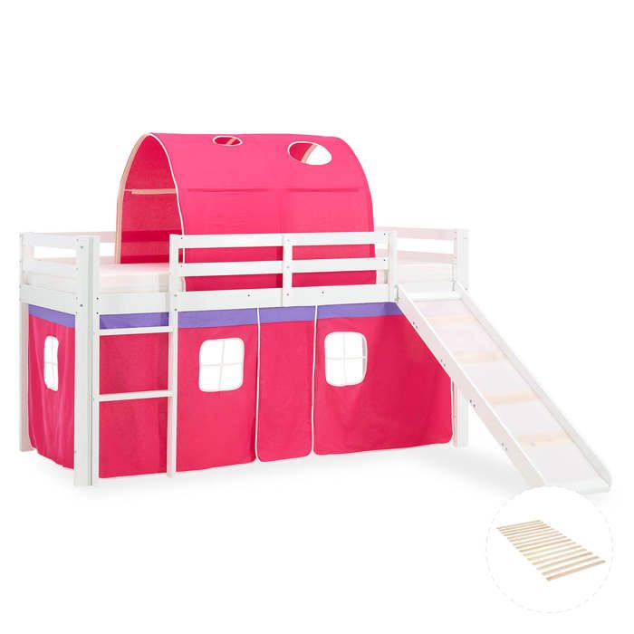 Lit mezzanine pour enfants 90 x 200 cm blanc avec rideau rose Tunnel Toboggan Avec sommier à lattes Lit mezzanine pour enfants 90 x 200 cm blanc avec rideau rose Tunnel Toboggan Avec sommier à lattes