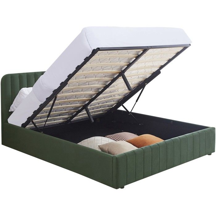 Lit coffre adulte 160x200 cm avec tête de lit capitonnée en velours vert kaki - Ava Lit coffre adulte 160x200 cm avec tête de lit capitonnée en velours vert kaki - Ava
