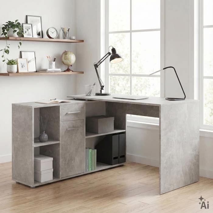 Bureau dangle CARMEN table avec meuble de rangement intégré 4 étagères 1 porte et 1 tiroir décor béton Bureau dangle CARMEN table avec meuble de rangement intégré 4 étagères 1 porte et 1 tiroir décor béton