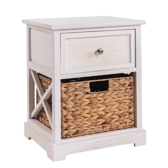 Table de chevet CHEYENNE petite commode de nuit avec 1 tiroir et 1 panier tressé en bois de paulownia blanc style maison de Table de chevet CHEYENNE petite commode de nuit avec 1 tiroir et 1 panier tressé en bois de paulownia blanc style maison de