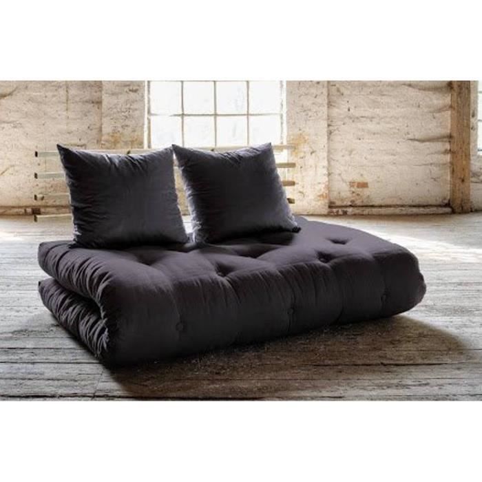 canapé lit futon shin sano gris foncé et pin massif couchage 140*200 cm. gris tissu inside75