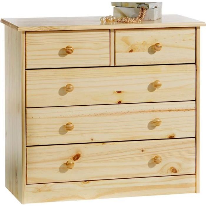 Commode RONDO 5 tiroirs pin massif vernis naturel Commode RONDO 5 tiroirs pin massif vernis naturel