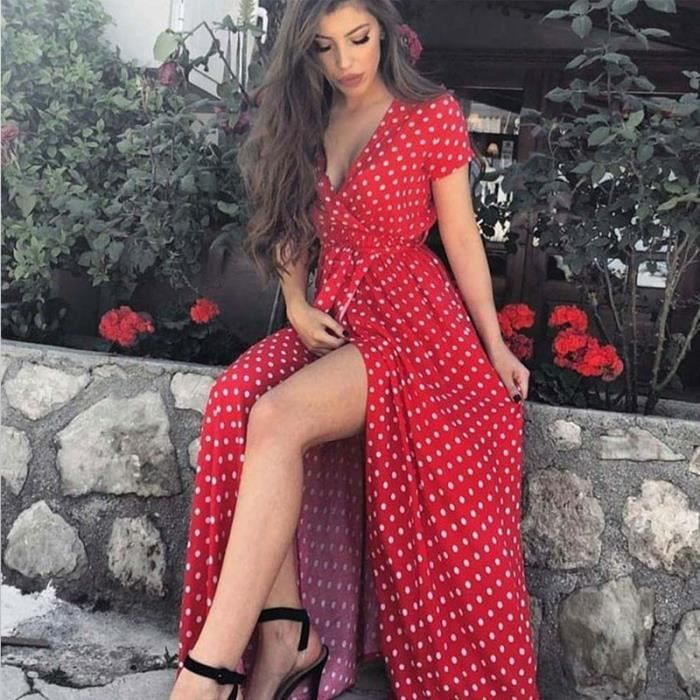Robe Longue Fendue Pois Pour Femmes Tenue De Plage Maxi De