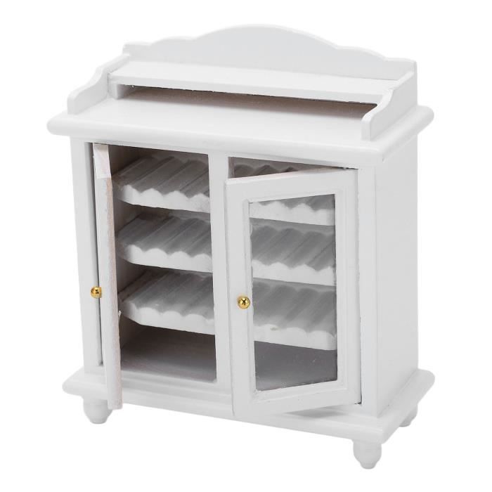 Armoire Miniature 1/12 – Bois Blanc – 9x3,6x16 Cm – Pour Maison De Poupée – Porte Vitrée 3 Niveaux