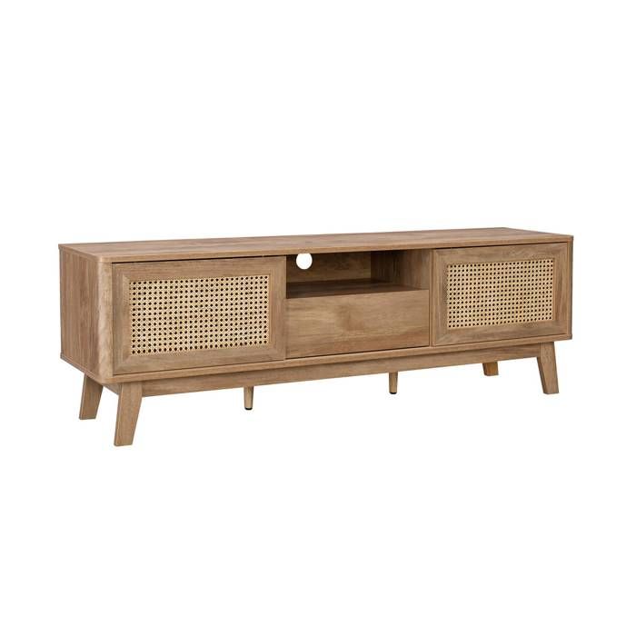 sweeek - Meuble TV décor bois et cannage portes coulissantes 150cm MANI sweeek - Meuble TV décor bois et cannage portes coulissantes 150cm MANI