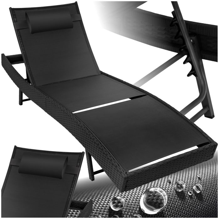 Bain de soleil - TECTAKE - Chaise longue en rotin de jardin MOANA dossier réglable en 6 positions coussin amovible - Noir