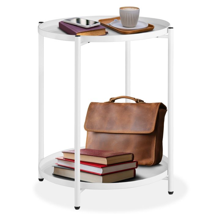 Table basse - TECTAKE - Table dappoint ronde OXFORD avec 2 étages en acier avec pieds en plastique Ø 455 x 53 cm - Blanc