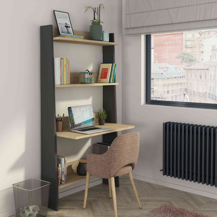 Bibliothèque 3 étagères avec bureau intégré en bois imitation chêne et gris - BU9050 - Bois clair - Terre de Nuit