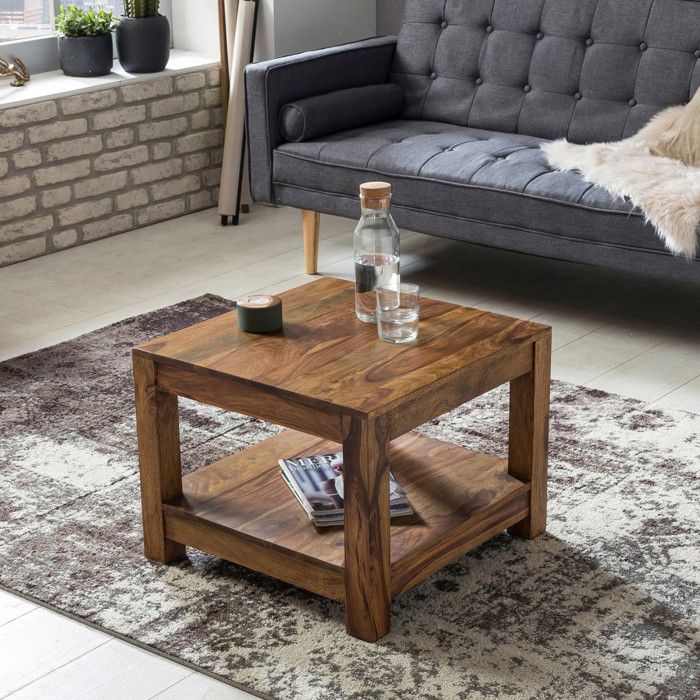 table basse en bois massif sheesham 60 x 60 cm - wohnling - style campagnard - marron foncé