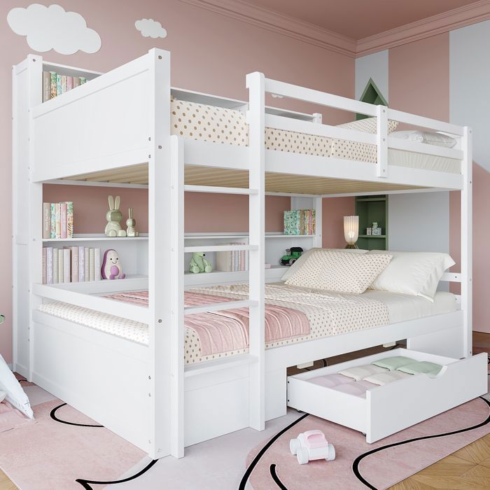 Lit Superposé Enfant 2 X 90 X 200 Cm, Lit Mezzanine Avec Escalier, Cadre En Bois Massif, Naturel