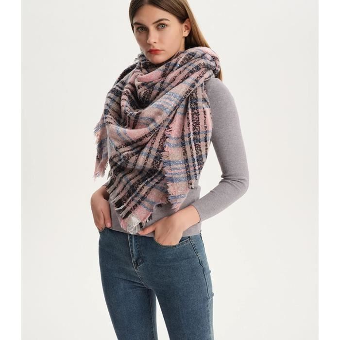 Écharpe D'hiver Femme Classique - Grande Couverture Douce En Fausse Fourrure - Motif Tartan écossais - Avec Pompons