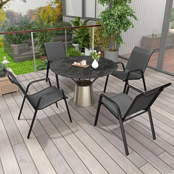 Lot De 4 Chaises De Jardin Empilables Avec Accoudoirs - Dossier Haut, Acier Laqué Noir, Textilène, 93x69x61 Cm - 6