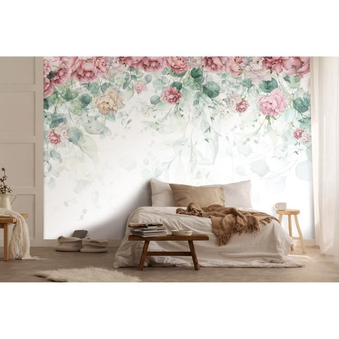 Papier Peint Intissé Panoramique Floral Roses Feuilles 312x219 cm Rose ...