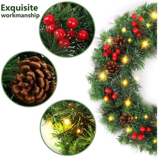 Couronne De Noël Lumineuse LED - 30x28 Cm - Branches Artificielles, Pommes De Pin - Pour Porte, Mur (Intérieur/Extérieur)