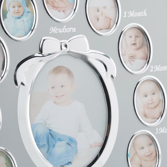 Relaxdays Cadre pour photos bébé, an 1,Cadre photo bébé par mois en alu,12  mois 29 x 24 cm, Collage pour exposer,argent