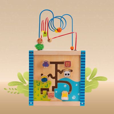 Navaris Cube D’Activité En Bois – 5 Jeux D’Éveil – Horloge, Labyrinthe, Boulier – 38x20x20 Cm – Dès 18 Mois