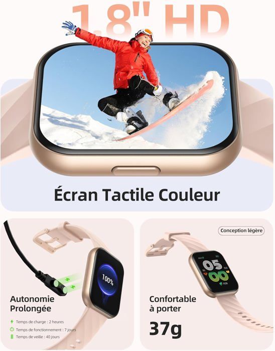 Montre Sport Femme Etanche 100 Mètres pour Plongée et Piscine avec Chronomètre, Réveil, Minuteur, Double Fuseau Horaire, Calendrier, Rétroéclairage, Format 12 ou 24 Heures
