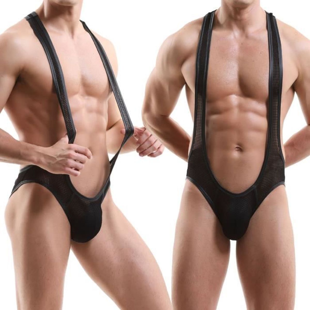 Homme érotique Sexy sangle string hommes Sexy Borat Mankini Costume homme sous-vêtements sexe taille basse sangle Gay tongs SM Manki Noir image