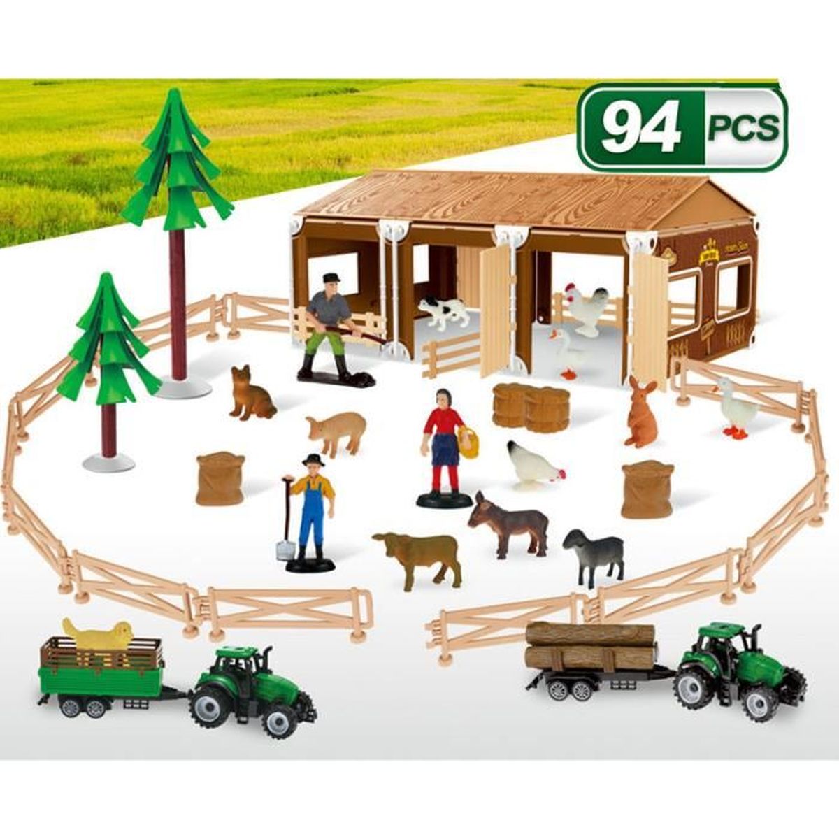 Animaux de la Ferme Jouet avec Grange, Transporteurs et Cl?�ture D?�tachable, Cadeau pour 3 4 5 
