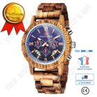 LUNAVO Montre en bois de zèbre - TD® - Multifonction - Quartz - Acier inoxydable - Sportive