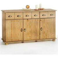 Buffet COLMAR commode bahut vaisselier meuble bas rangement avec 3 tiroirs et 3 portes, en pin massif teinté et ciré