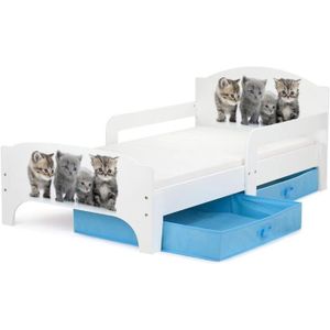LIT BÉBÉ Moderne Lit d'Enfant Toddler 140x70 motif Famille de chats Lit pour enfant avec rangement + matelas