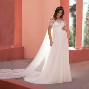 ROBE DE MARIÉE Nouvelle robe  Femmes enceintes  Robe de mariée manches courtes dentelle col un mot slip - tail robe de mariée