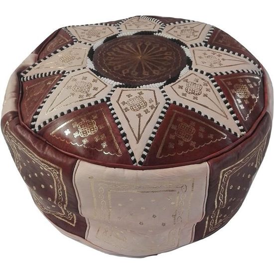 Pouf marocain XL en cuir véritable - Marron - Fait main