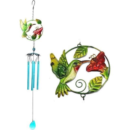 Carillon à Vent Vert Forme Oiseau - Métal, 75cm, Décoration Extérieure