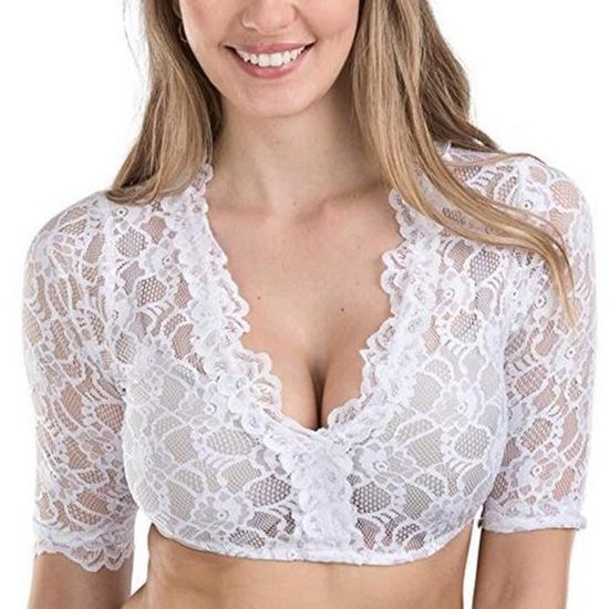 Chemisier Dirndl Dentelle Pour Femme - Col Haut, Manches Courtes, Style Fête De La Bière - 9