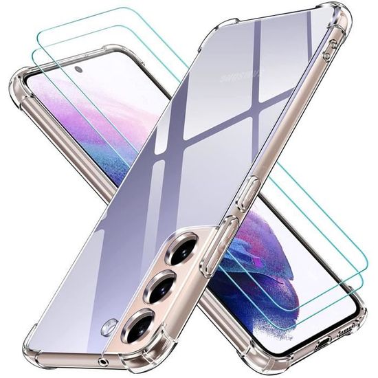Lot coque Samsung Galaxy S22 et 2 Pièces Verre Trempé Protection écran 9H Anti-Rayures Housse Silicone Antichoc Transparent