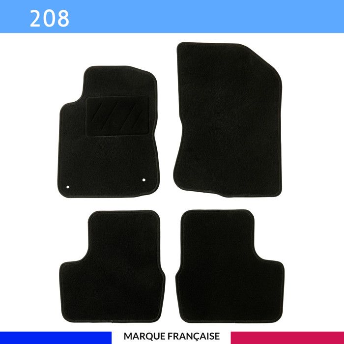Tapis de sol voiture - Sur mesure pour Peugeot 208 (03/2012-09/2019) - Moquette Antidérapante - Clips et Scratch - 4 pièces