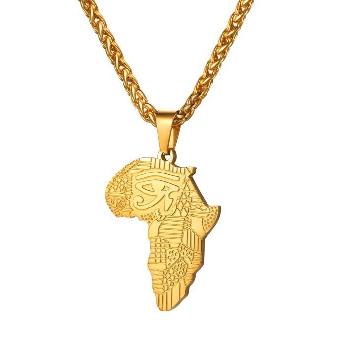 U7 Collier Homme Plaqué Or Chaîne Pendentif Carte de l'Afrique avec Gravure Œil Oudjat Motif l'Égypte Antique Cadeau Anniversaire