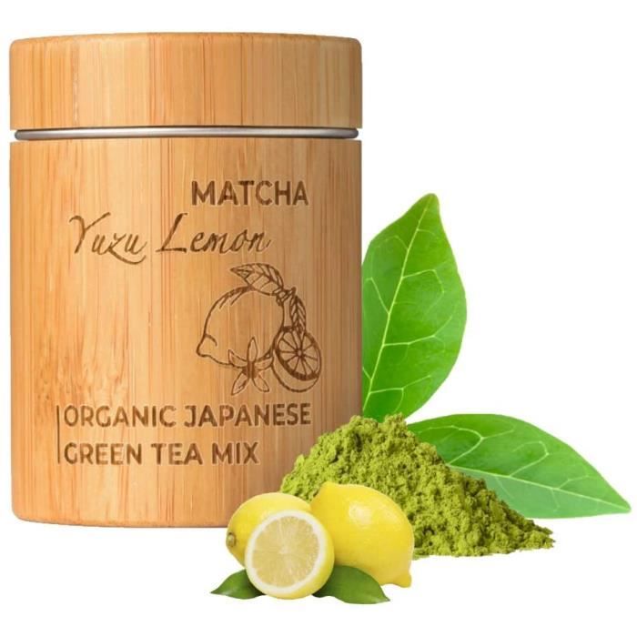 Thé Matcha Yuzu Citron Bio - Premium Qualité - Cérémonie Thé Vert en Poudre - Froid ou Chaud, Latte, Smoothie - Boîte Bambou 30g