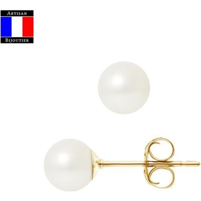 Compagnie Générale des Perles - Boucles d'Oreilles Véritable Perle de Culture 6-7 mm Or Jaune 18 Cts Système Sécurité - Bijou Femme